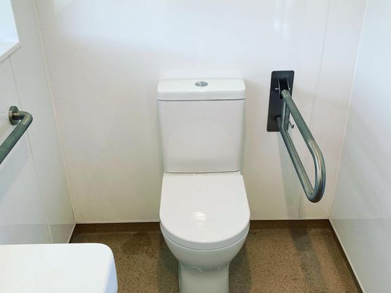 A toilet with a fold-down stainless steel grab rail beside it in a white-lined accessible bathroom.